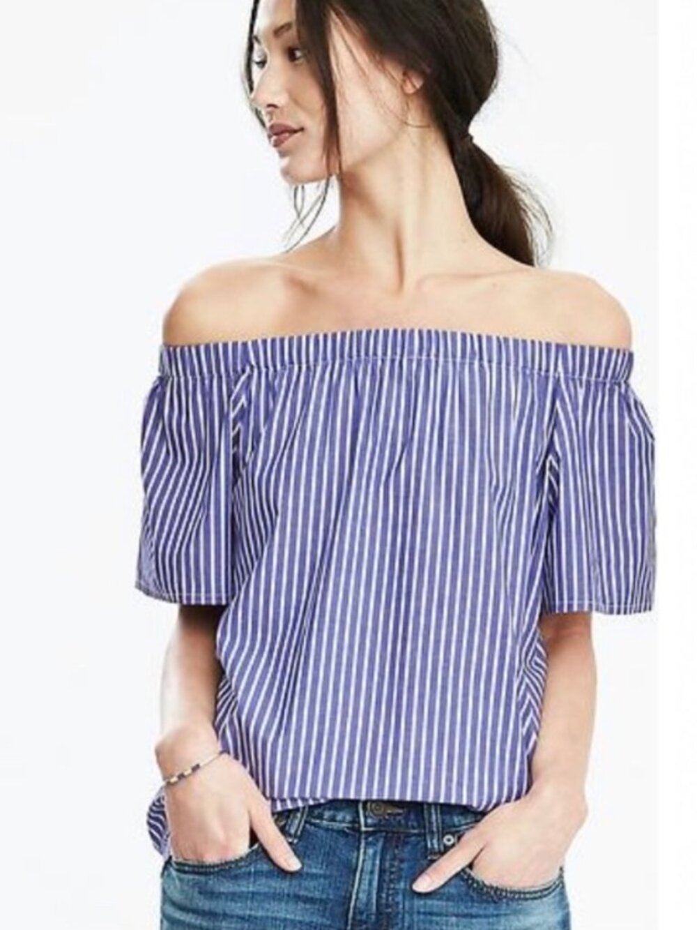 Banana Republic Striped Off Shoulder Blouse Coastal Chic Blue White Sleeve Small